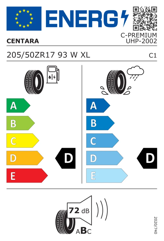 Etichetta europea CENTARA PREMIUM UHP 205/50ZR17 93W TL