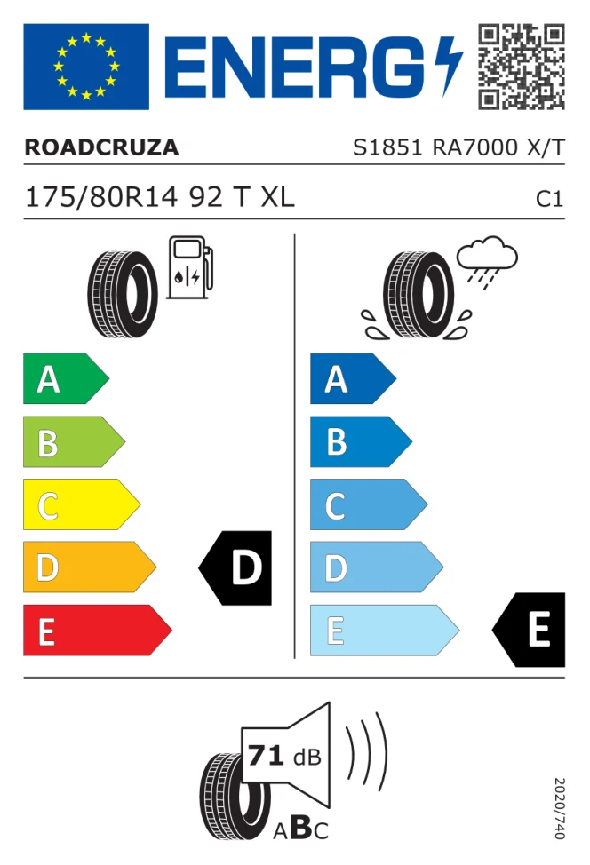 Etichetta europea ROADCRUZA RA 7000 XT 175/80R14 92T TL