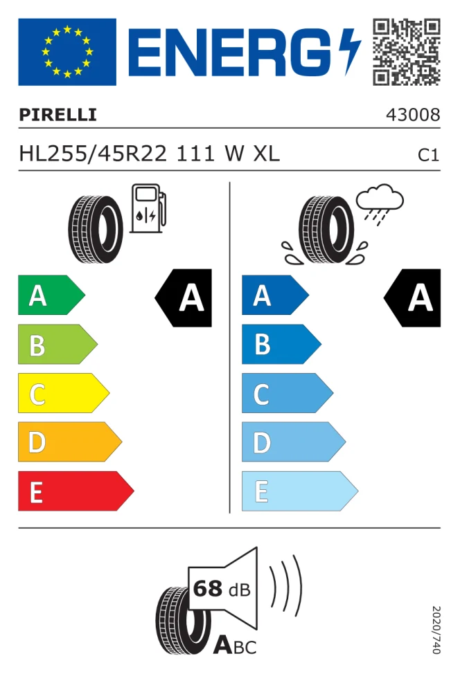 Etichetta europea PIRELLI PZERO E HL255/45R22 111W TL