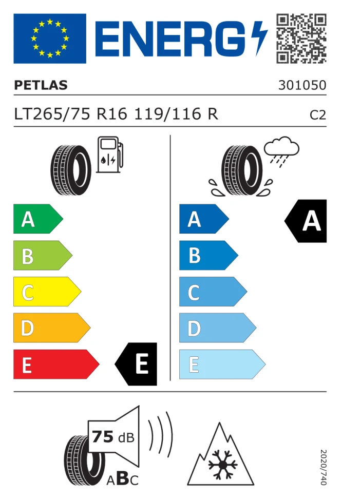 Etichetta europea PETLAS PEAKLANDER AT RWL LT265/75R16 119/116R TL