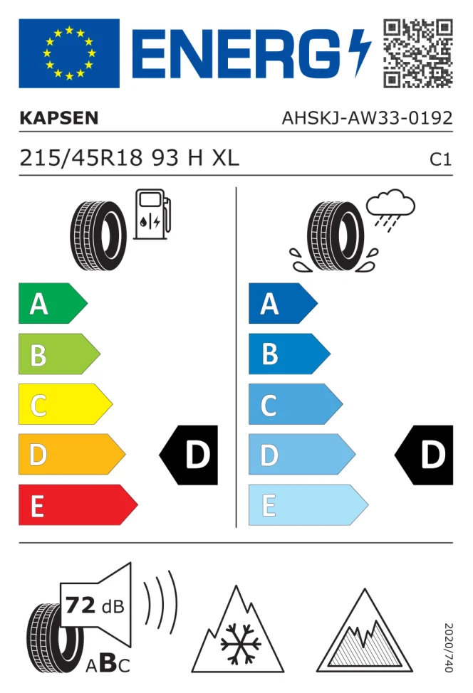 Etichetta europea KAPSEN AW33 215/45R18 93H TL