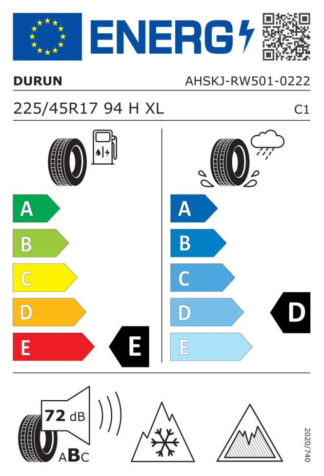 Etichetta europea DURUN RW501 225/45R17 94H TL