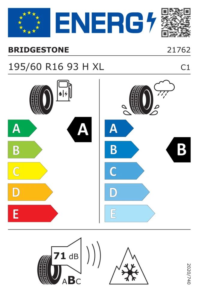 Etichetta europea BRIDGESTONE WEATHER CONTROL A005 EVO 195/60R16 93H TL