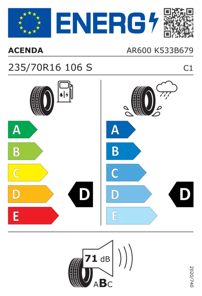 Etichetta europea ACENDA AR 600 235/70R16 106S TL